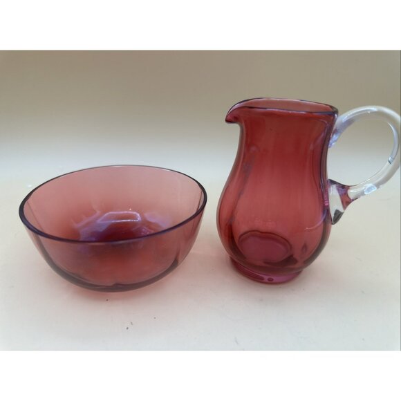 Cranberry Art Glass Mini With Applied Clear Handle And Bowl - Picture 1 of 13